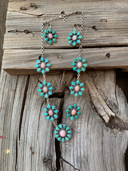 Pink Opal and Turquoise Cluster necklace & earring set