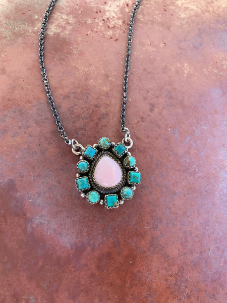 Pink Opal & Turquoise Cluster necklace