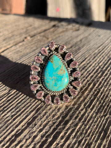Pink Cubic Zirconia & Turquoise Adjustable ring