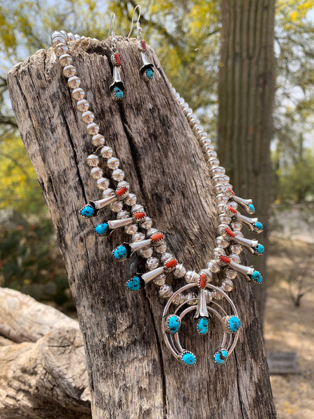Coral & Turquoise Squash Blossom necklace & earring set