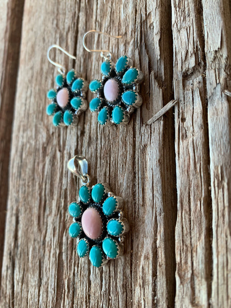 Pink Opal and Turquoise Cluster pendant & earring set