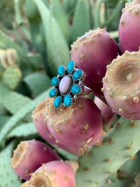 Pink Opal & Turquoise Adjustable ring