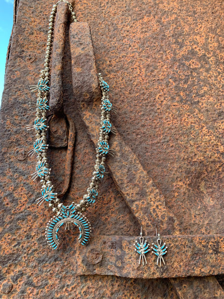 Needlepoint Squash Blossom necklace & earring set