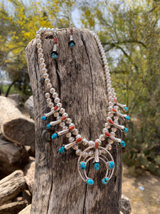 Coral & Turquoise Squash Blossom necklace & earring set