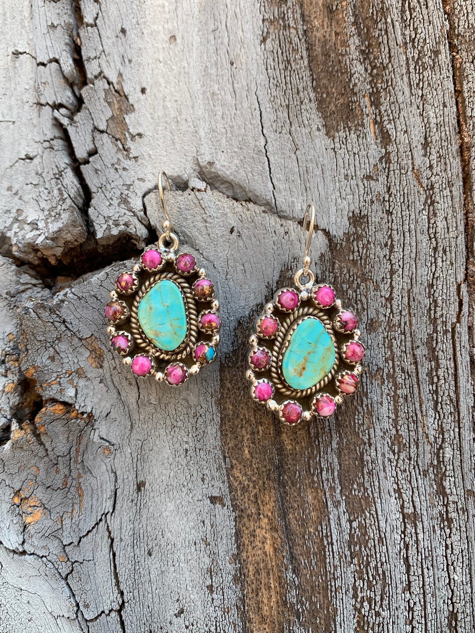 Pink Dahlia & Turquoise Cluster earrings