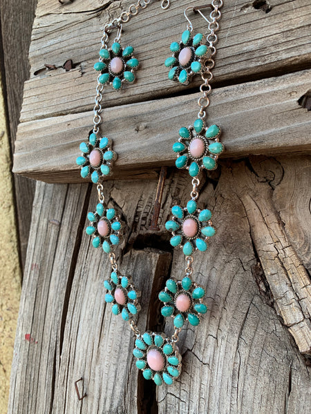 Pink Opal and Turquoise Cluster necklace & earring set