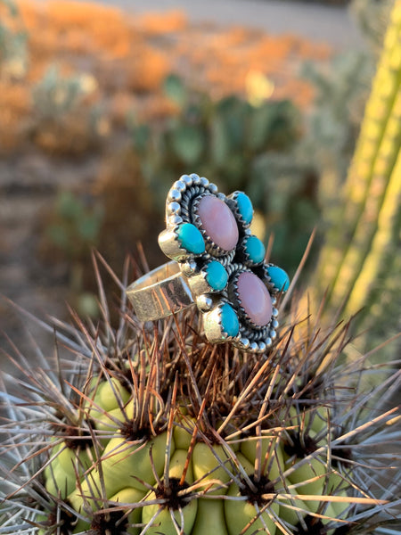 Pink Opal & Turquoise Adjustable ring