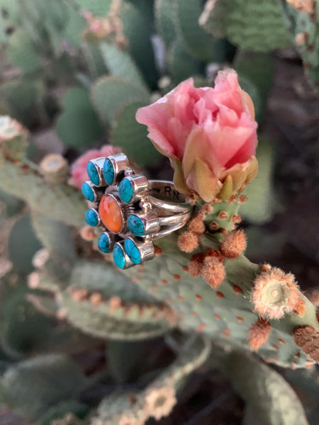 Cluster of Spiny Oyster & Turquoise ring size 7 1/2