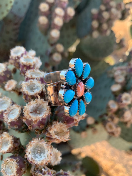 Cluster of Spiny Oyster & Turquoise Adjustable ring