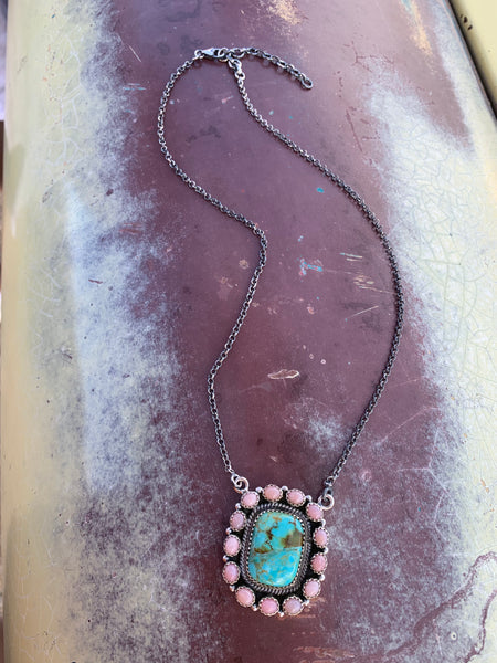 Pink Opal & Turquoise Cluster necklace