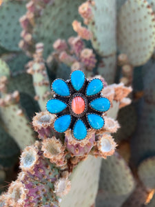 Cluster of Spiny Oyster & Turquoise Adjustable ring