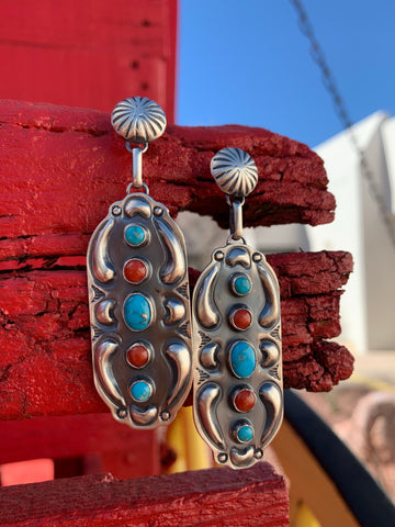 Coral & Kingman Turquoise Concho earrings