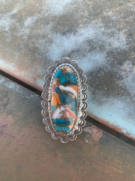 Scalloped Turquoise & Spiny Oyster Shell Adjustable ring