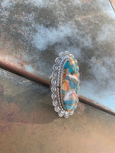 Scalloped Turquoise & Spiny Oyster Shell Adjustable ring