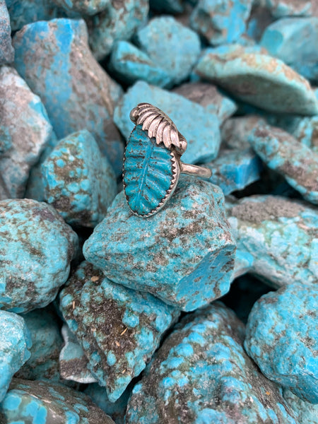 Carved Feather Turquoise ring size 9