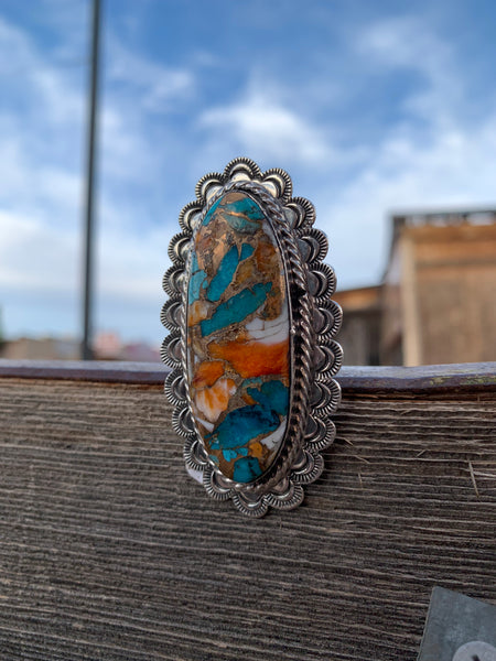 Scalloped Turquoise & Spiny Oyster Shell Adjustable ring